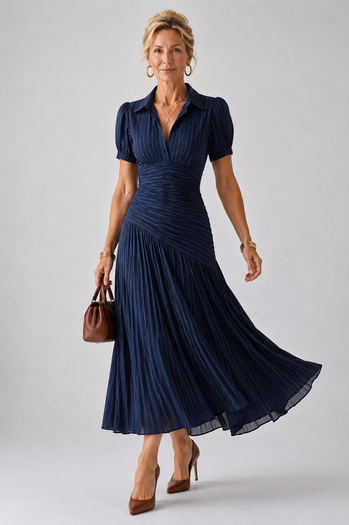 Kristen | Pleated Waistline Stripe Midi Dress