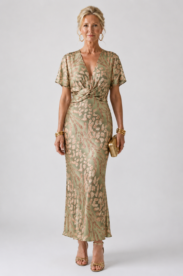Emily | Abstract Print V Neck Twist Waist Midi Dress
