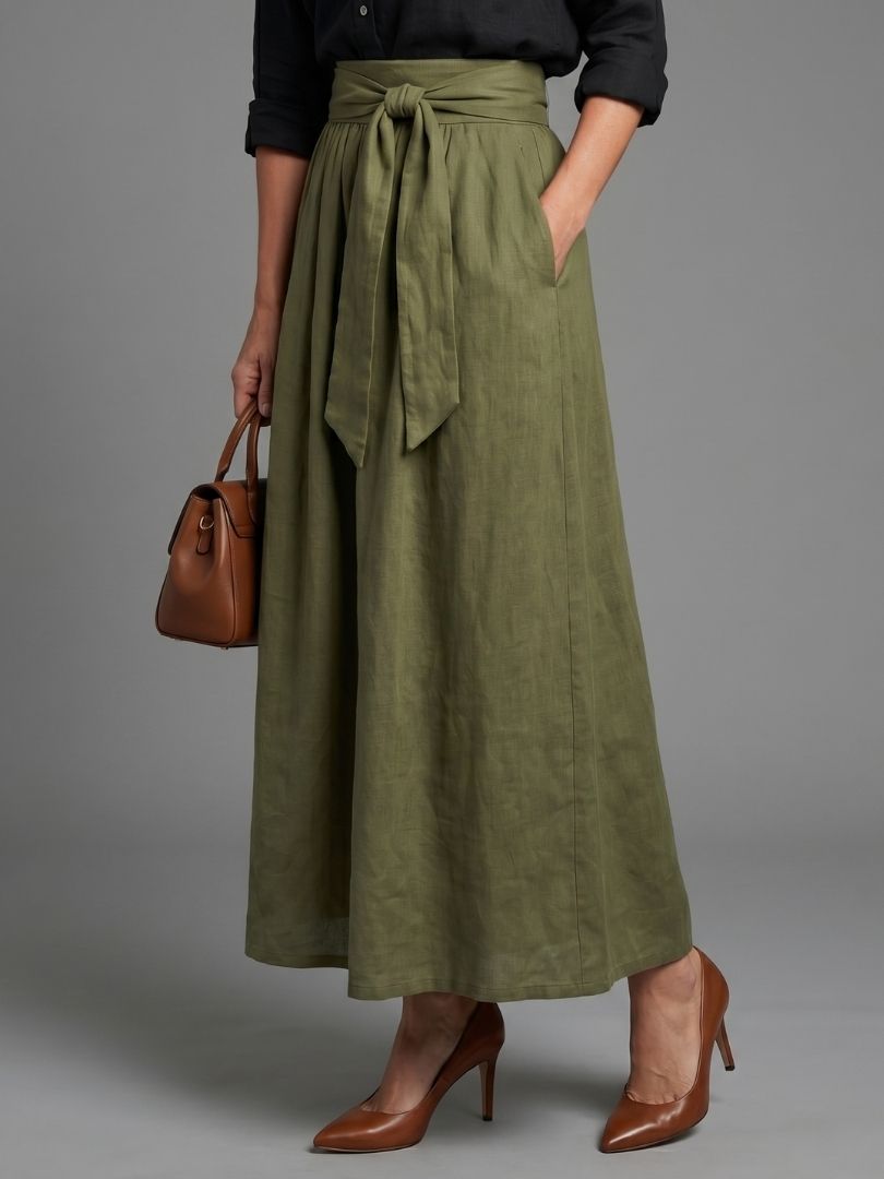 Peyton | Two Piece Set Black Blouse Olive Green Midi Skirt