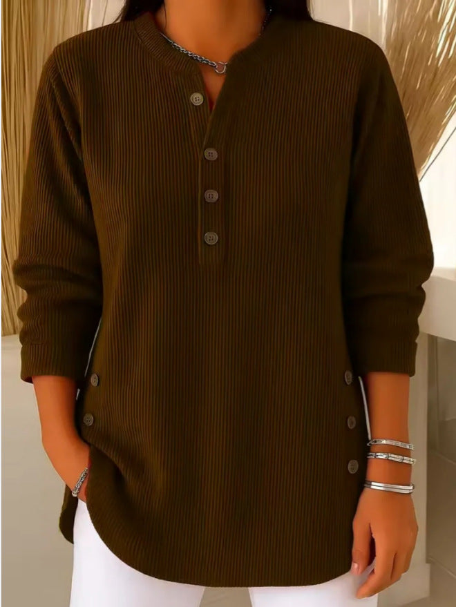 Nadia - Casual Ribbed Long Sleeve Henley Top