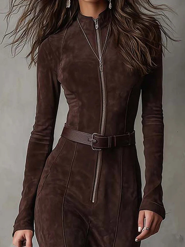 Julina | Chic Long Suede-Effect Dress
