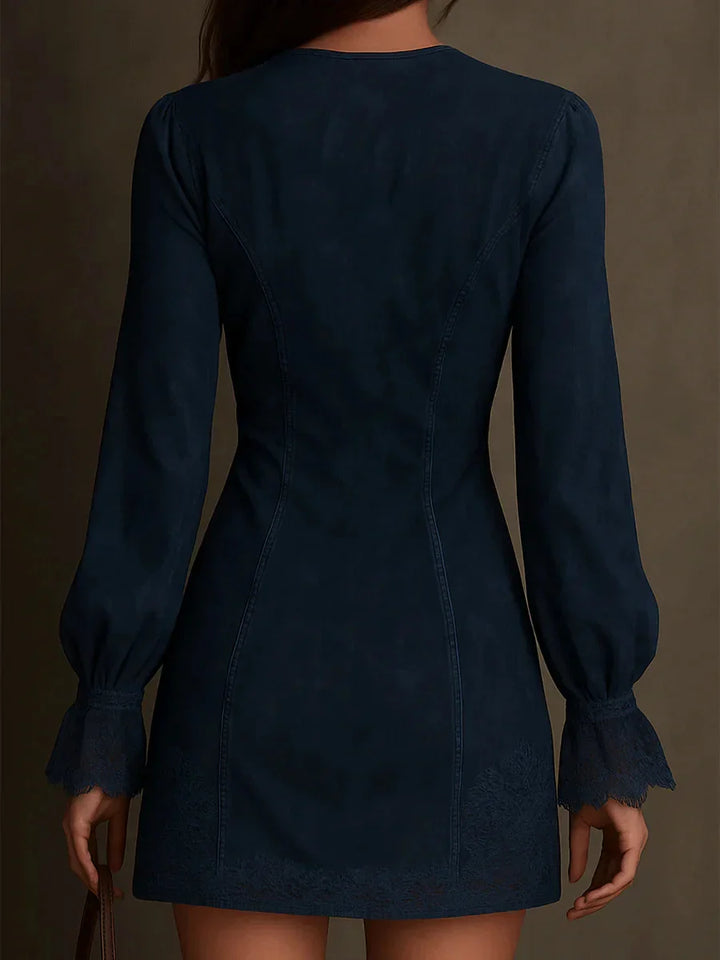 Jasmine – Blue Suede Mini Dress with Lace - Alurea & Co.