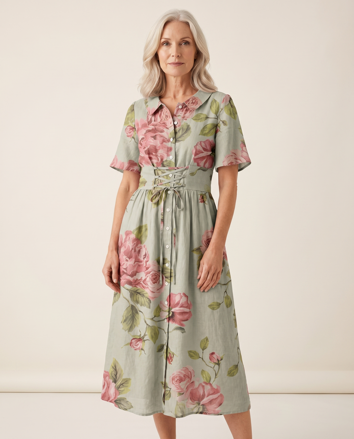 Sophryah pink floral linen-blend midi dress with lace-up waist, full-length studio view