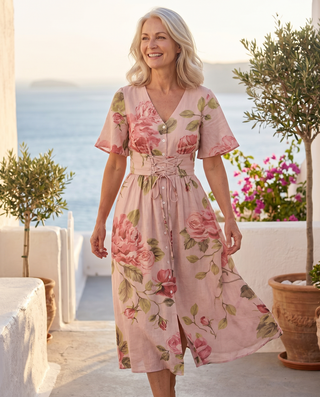 Woman wearing the Sophryah pink floral linen-blend midi dress on a sunlit coastal terrace