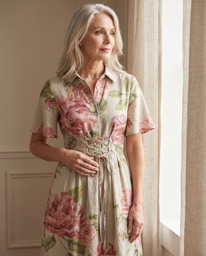 Close view of the Sophryah dress adjustable lace-up waist detail in soft natural light