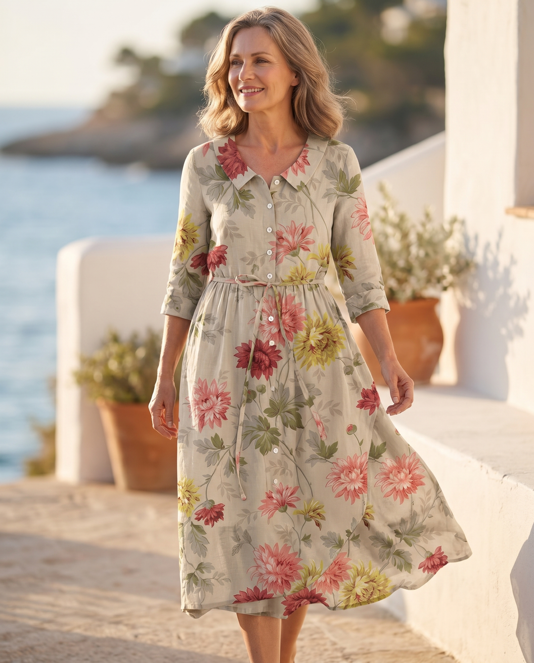 Model wearing the Hyvannah dress on a sunlit coastal terrace