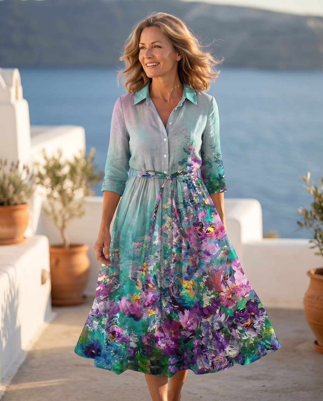 Model wearing the Jayzlynn dress on a sunlit coastal terrace