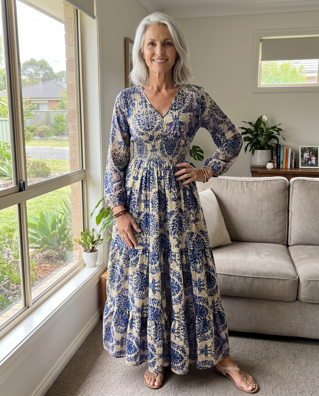 Woman wearing the Seraphina boho V-neck maxi
