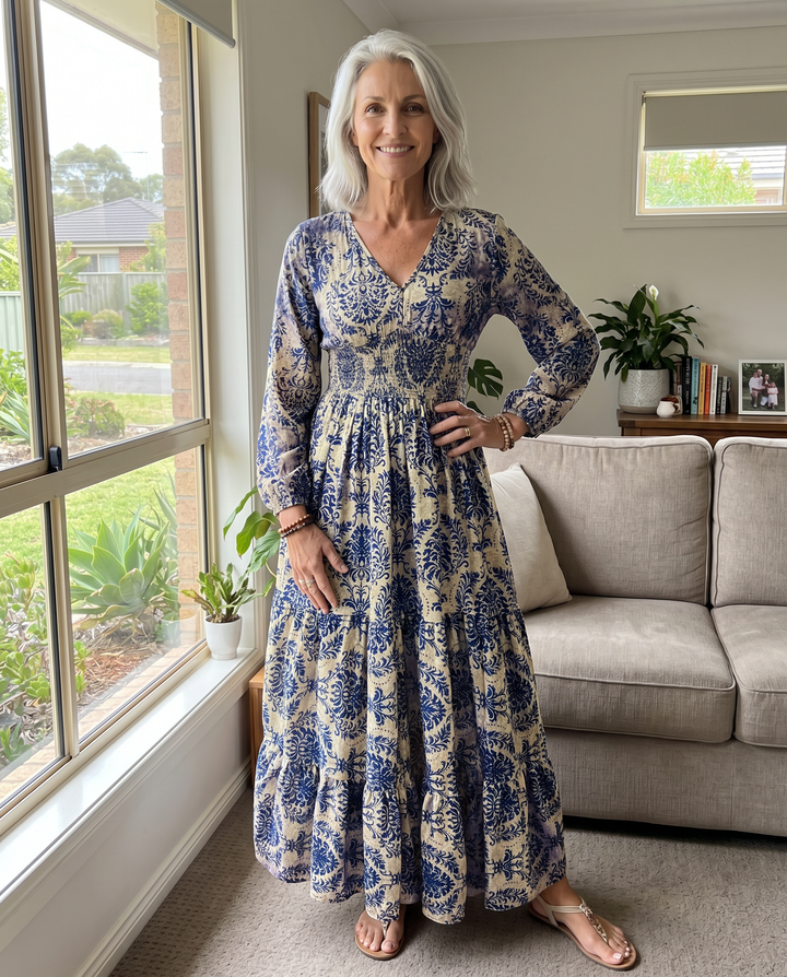 Woman wearing the Seraphina boho V-neck maxi