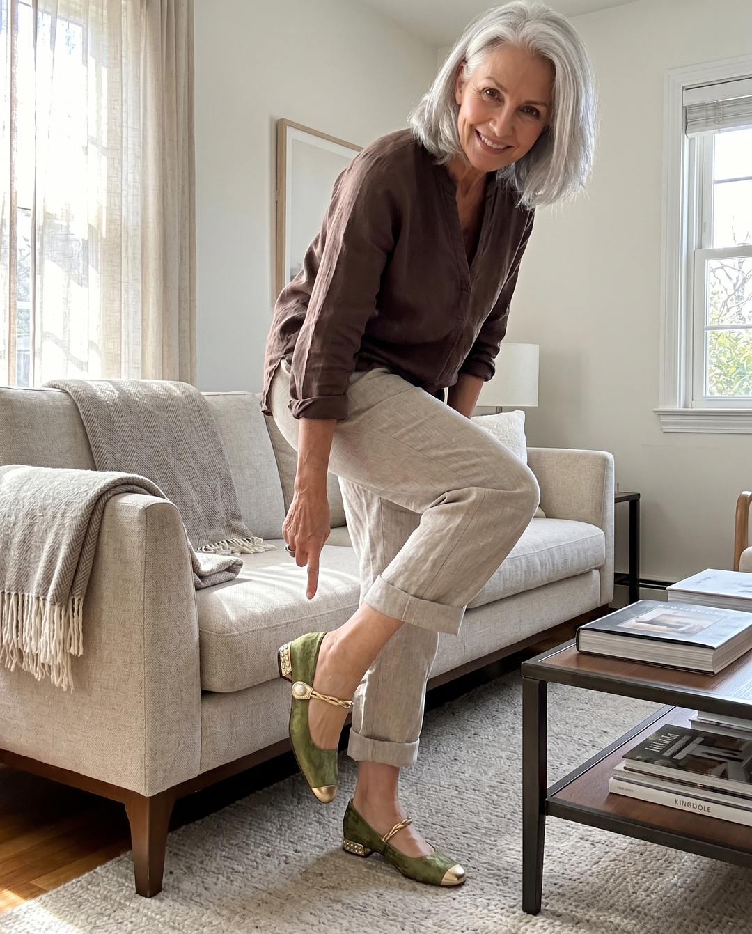 Woman wearing the Chrystahh Mary Jane block-heel shoes at home