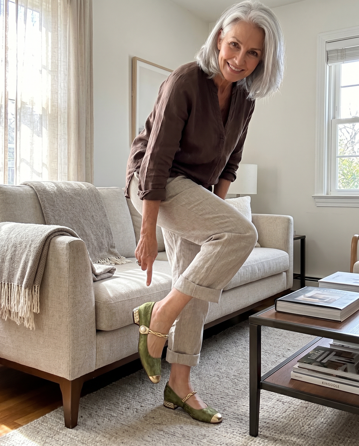 Woman wearing the Chrystahh Mary Jane block-heel shoes at home